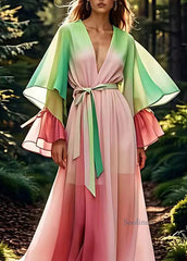 Loose Pink Drawstring Silk Maxi Dresses Flare Sleeve