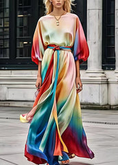 Loose Rainbow O-Neck Tie Waist Silk Long Dresses Summer