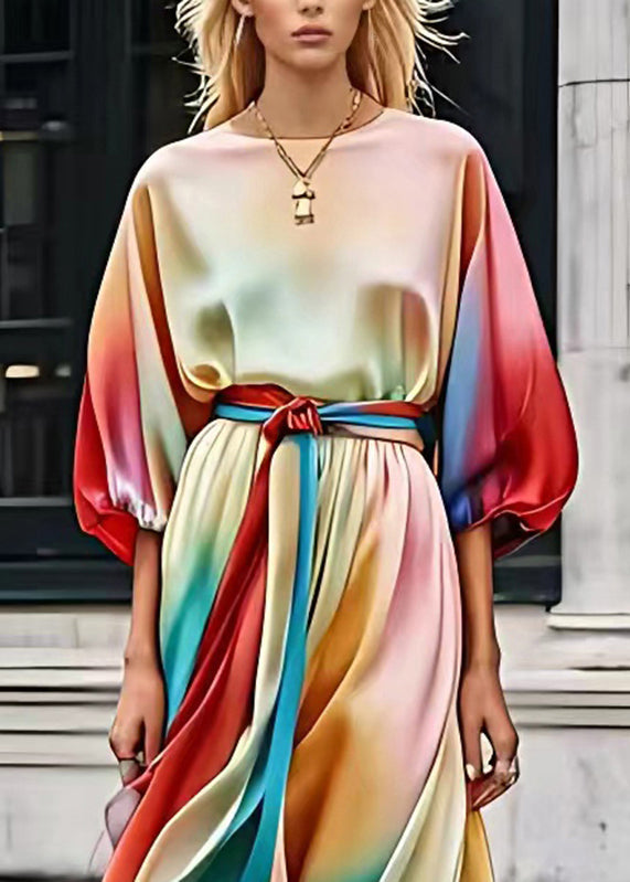 Loose Rainbow O-Neck Tie Waist Silk Long Dresses Summer