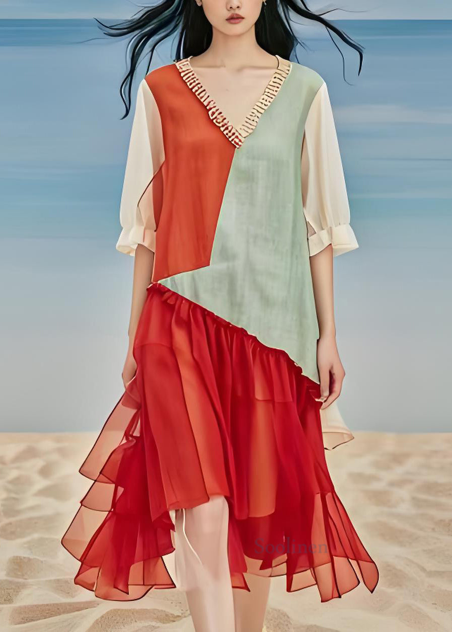 Loose V Neck Ruffled Tulle Patchwork Cotton Long Dress Summer