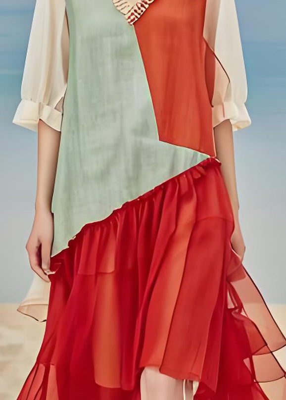 Loose V Neck Ruffled Tulle Patchwork Cotton Long Dress Summer