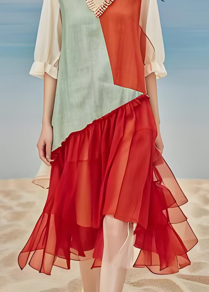 Loose V Neck Ruffled Tulle Patchwork Cotton Long Dress Summer