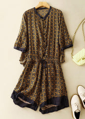 Loose Yellow Print Drawstring Linen Jumpsuits Summer