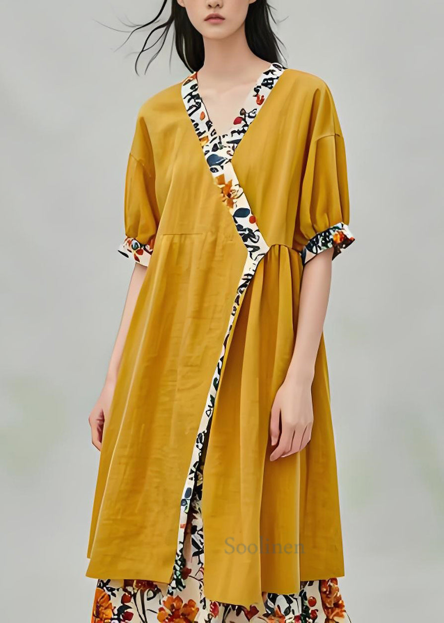 Loose Yellow V Neck Print Patchwork Cotton Dresses Summer