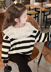 Lovely Black White Striped Hollow Out Kids Top Fall