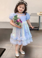 Lovely Blue O-Neck Sequins Patchwork Tulle Kids Maxi Dress Short Sleeve