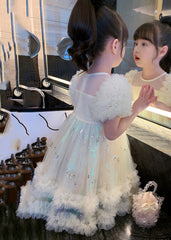 Lovely Blue O-Neck Sequins Patchwork Tulle Kids Maxi Dress Short Sleeve