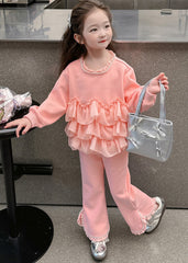 Lovely Pink O-Neck Chiffon Patchwork Kids Top And Pants Two Pieces Set Fall