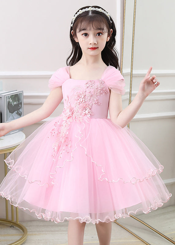 Lovely Pink Square Collar Embroideried Tulle Girls Maxi Vacation Dresses Summer