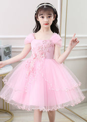 Lovely Pink Square Collar Embroideried Tulle Girls Maxi Vacation Dresses Summer