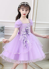 Lovely Pink Square Collar Embroideried Tulle Girls Maxi Vacation Dresses Summer