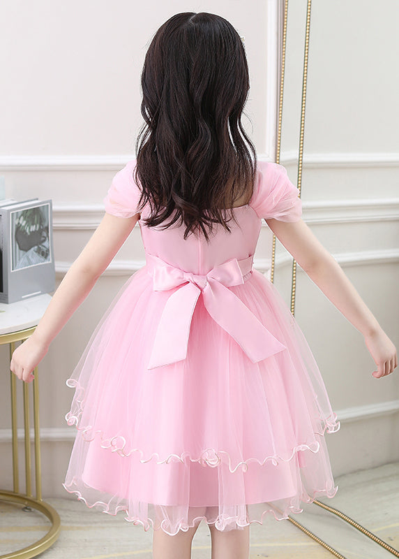 Lovely Pink Square Collar Embroideried Tulle Girls Maxi Vacation Dresses Summer