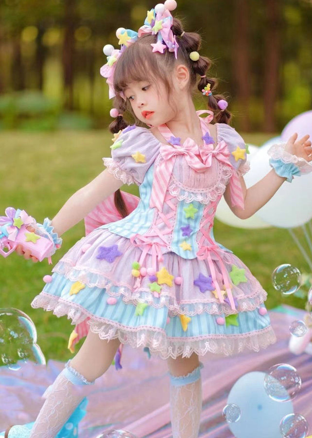 Lovely Rainbow Tulle Patchwork Lace Tie Kids Mid Dress Summer