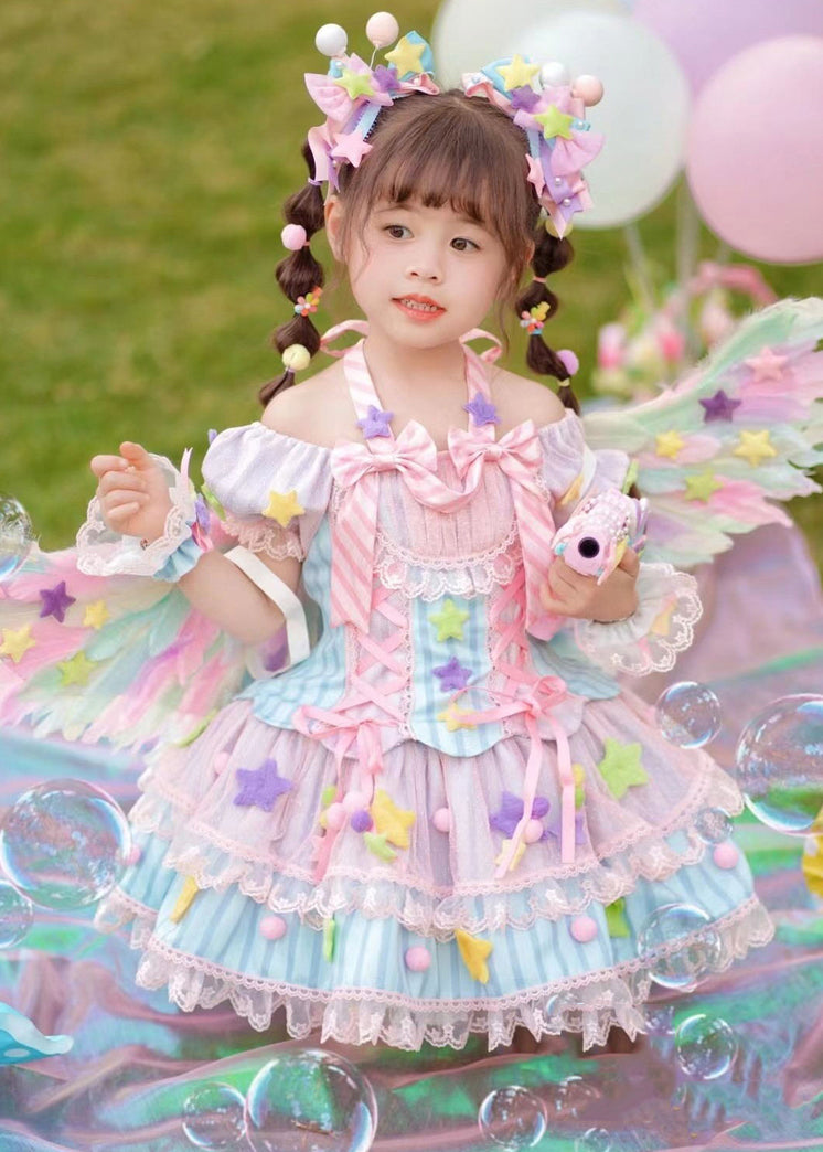 Lovely Rainbow Tulle Patchwork Lace Tie Kids Mid Dress Summer