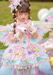 Lovely Rainbow Tulle Patchwork Lace Tie Kids Mid Dress Summer