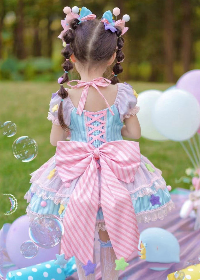 Lovely Rainbow Tulle Patchwork Lace Tie Kids Mid Dress Summer