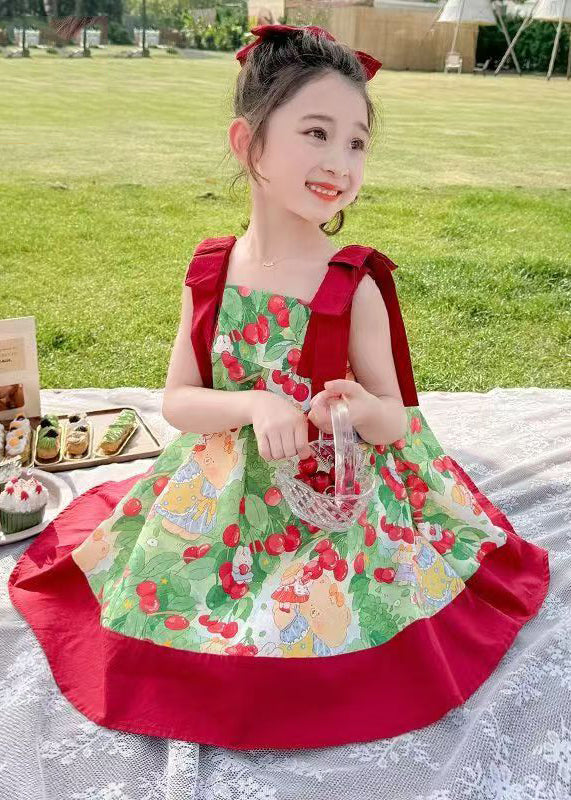 Lovely Red Square Collar Print Kids Spaghetti Strap Mid Dress Summer