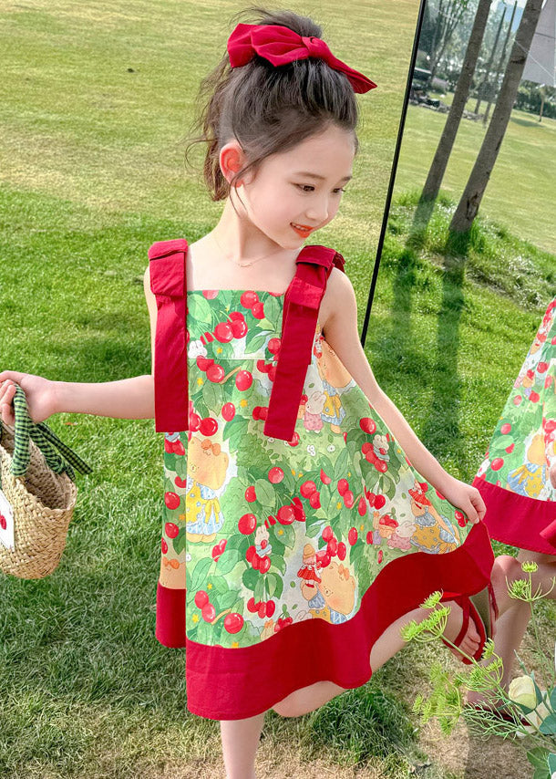 Lovely Red Square Collar Print Kids Spaghetti Strap Mid Dress Summer