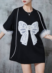 Modern Black Bow Embroideried Patchwork Cotton Tops Summer