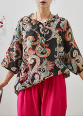 Modern Black Ruffled Print Linen Blouse Tops Summer