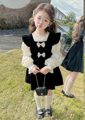 Modern Black Square Collar Ruffled Patchwork Kids Silk Velour Mid Dress And Shirts Two Pieces Set Fall