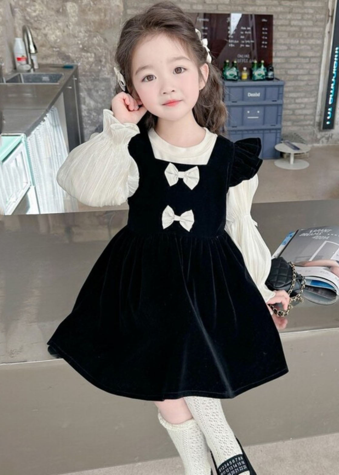 Modern Black Square Collar Ruffled Patchwork Kids Silk Velour Mid Dress And Shirts Two Pieces Set Fall