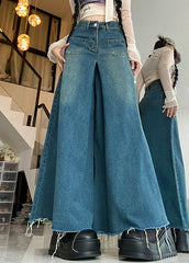 Modern Blue Button Pockets High Waist Denim Pants Fall