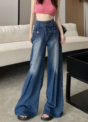 Modern Blue Pockets High Waist Denim Pants Summer