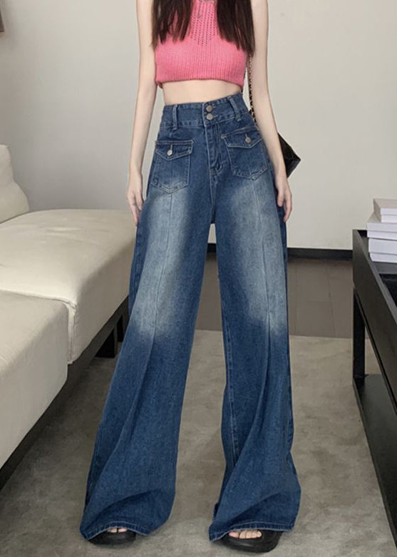 Modern Blue Pockets High Waist Denim Pants Summer