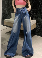 Modern Blue Pockets High Waist Denim Pants Summer