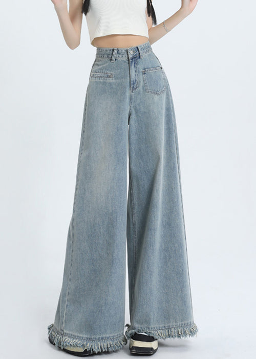 Modern Blue Tasseled High Waist Denim Wide Leg Pants Fall