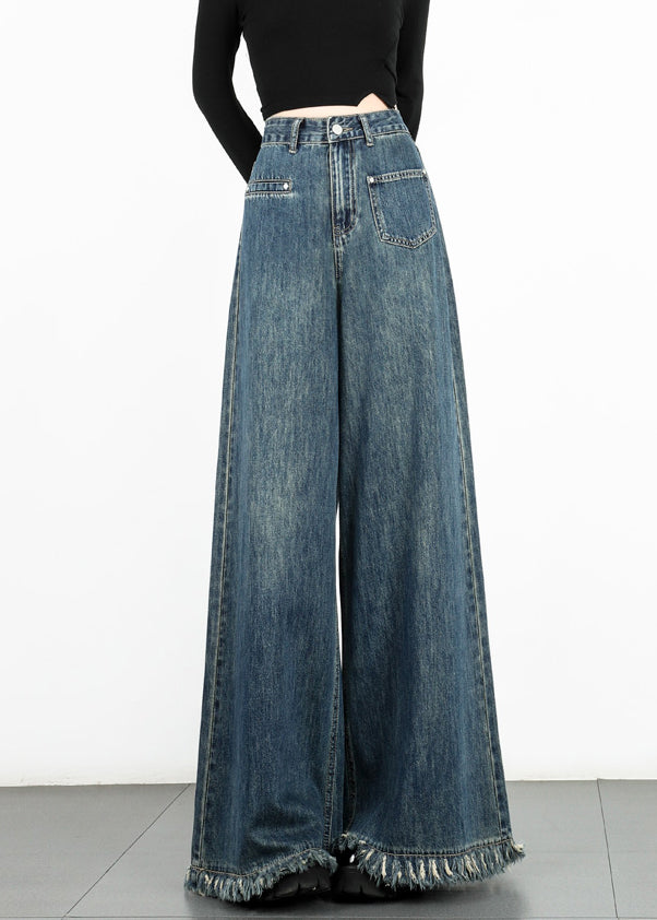 Modern Blue Tasseled High Waist Denim Wide Leg Pants Fall