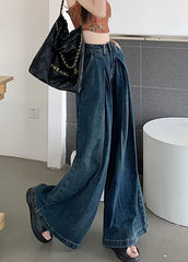 Modern Blue Wrinkled Pockets Denim Wide Leg Pants Summer