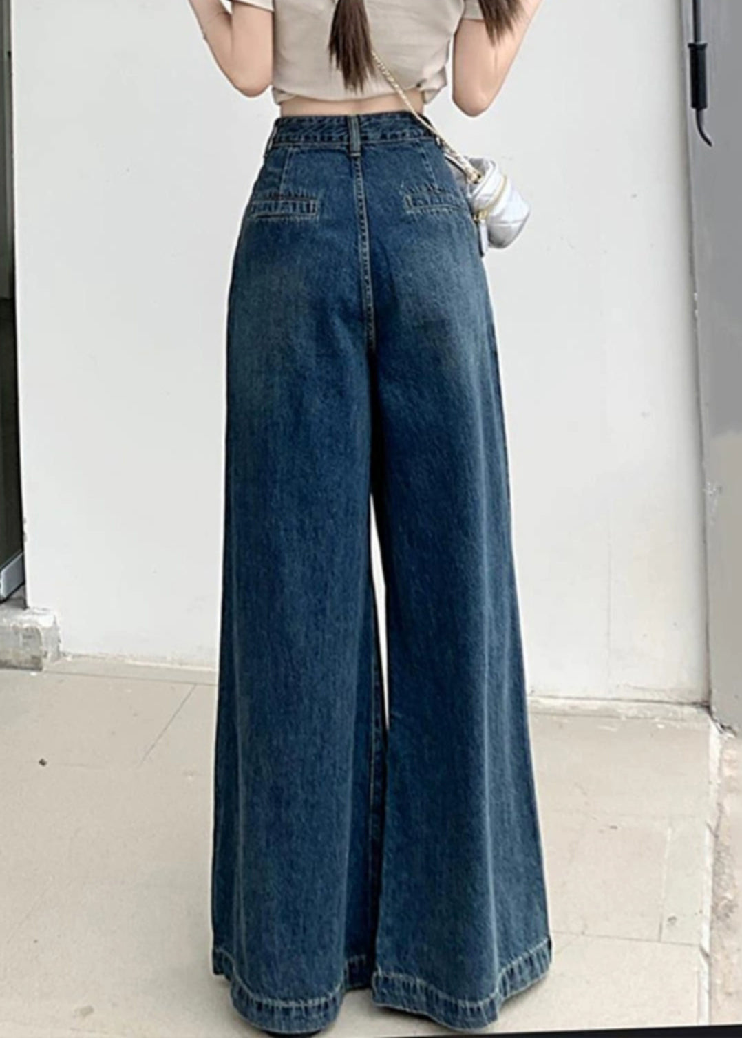 Modern Blue Wrinkled Pockets Denim Wide Leg Pants Summer