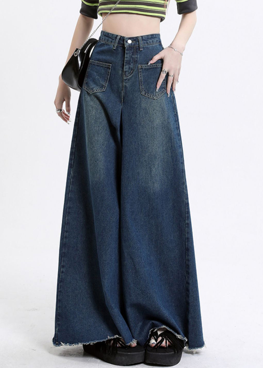 Modern Denim Blue Pockets High Waist Wide Leg Pants Fall