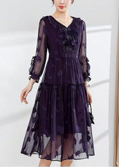 Modern Dull Purple Ruffled Jacquard Chiffon Dresses Summer