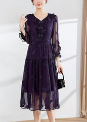 Modern Dull Purple Ruffled Jacquard Chiffon Dresses Summer