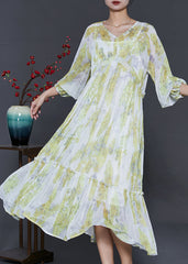 Modern Light Green Ruffled Print Chiffon Long Dresses Summer