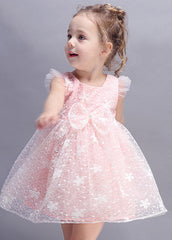 Modern Pink Embroideried Floral Tulle Girls Mid Dresses Summer