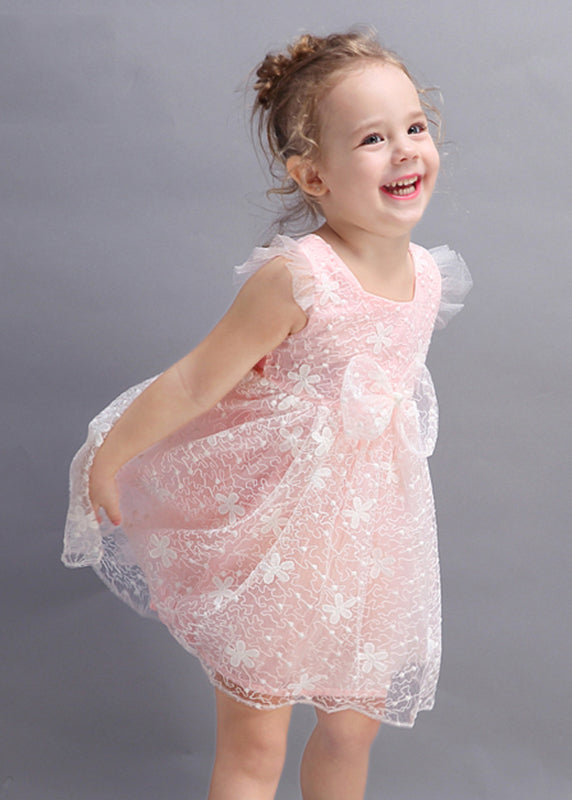 Modern Pink Embroideried Floral Tulle Girls Mid Dresses Summer