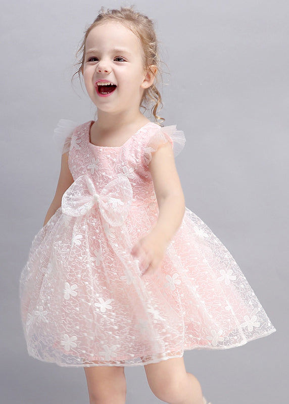 Modern Pink Embroideried Floral Tulle Girls Mid Dresses Summer