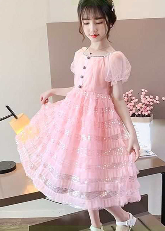 Modern Pink Square Collar Sequins Patchwork Tulle Kids Maxi Dress Puff Sleeve