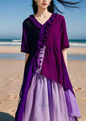 Modern Purple Ruffled Asymmetrical Patchwork Cotton Dresses Summer