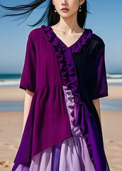 Modern Purple Ruffled Asymmetrical Patchwork Cotton Dresses Summer