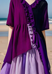 Modern Purple Ruffled Asymmetrical Patchwork Cotton Dresses Summer