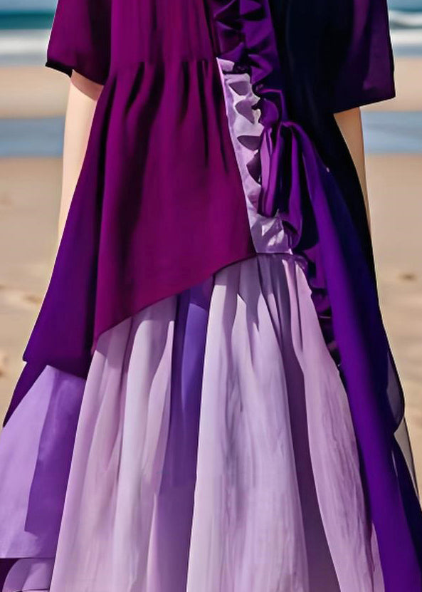 Modern Purple Ruffled Asymmetrical Patchwork Cotton Dresses Summer