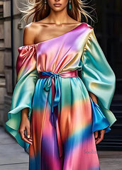 Modern Rainbow Asymmetrical Tie Waist Silk Maxi Dress Fall