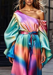 Modern Rainbow Asymmetrical Tie Waist Silk Maxi Dress Fall