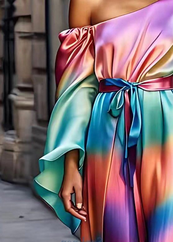 Modern Rainbow Asymmetrical Tie Waist Silk Maxi Dress Fall