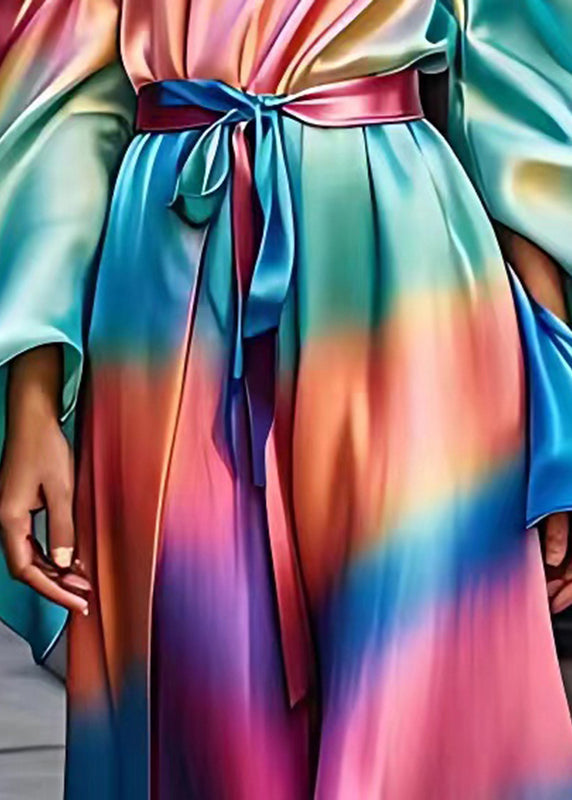 Modern Rainbow Asymmetrical Tie Waist Silk Maxi Dress Fall